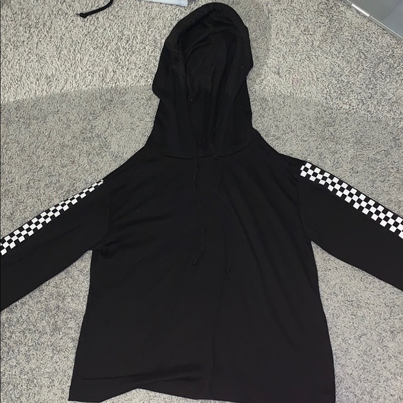 Black crop top hoodie with checkered sleeves. - Picture 1 of 1